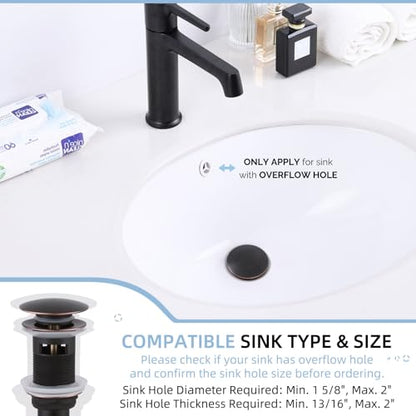 Angle Simple Bathroom Sink Stopper Oil-Rubbed Bronze, Pop Up Sink Drain | Only for Sink with Overflow Hole, Brass Stopper with Stainless Steel Tailpiece, Fit 1.61 to 2 Inches Diameter of Drain Hole - color: Oil-rubbed Bronze