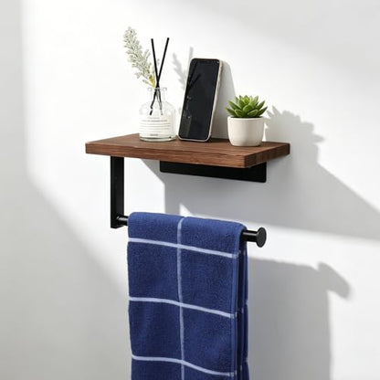 Bathroom Hand Towel Holder/Towel Ring, Premium Metal Wall Mounted Hand Towel Hanger with Wooden Shelf, Heavy Duty Kitchen Towel Holder Rustic Hand Towel Rack for Bathroom Accessories (Black)