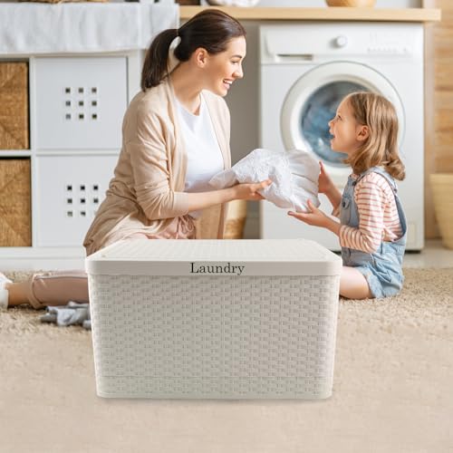 Laundry Hamper with Lid, Plastic Laundry Baskets, Dirty Clothes Hamper, Hampers for Bedroom and Bathroom, Large Capacity Clothing Storage Bin for Closet Organization, Space Saving Design
