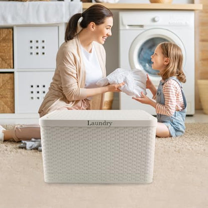 Laundry Hamper with Lid, Plastic Laundry Baskets, Dirty Clothes Hamper, Hampers for Bedroom and Bathroom, Large Capacity Clothing Storage Bin for Closet Organization, Space Saving Design