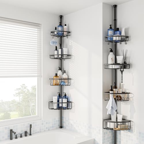 Corner Shower Caddy Tension Pole: Stainless Steel Rustproof 4-Tier Shower Organizer - 47-121 inch Adjustable Bathroom Shelves for Bathtub Shampoo Storage - Tension Rod Floor Standing Bath Rack - Black - style: A Style-Black