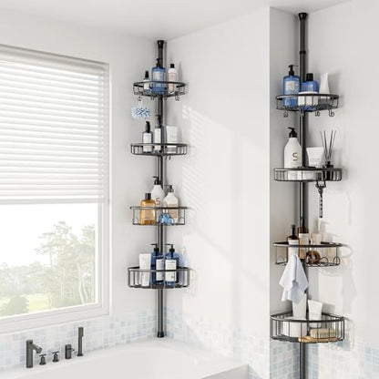 Corner Shower Caddy Tension Pole: Stainless Steel Rustproof 4-Tier Shower Organizer - 47-121 inch Adjustable Bathroom Shelves for Bathtub Shampoo Storage - Tension Rod Floor Standing Bath Rack - Black - style: A Style-Black