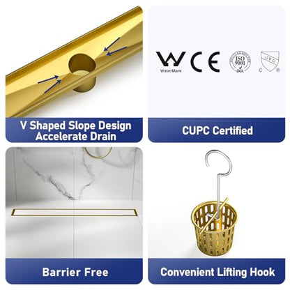 Linear Shower Drain, 304 Stainless Steel Floor Drain 18" | with Tiled Insert Grate & Hair Strainer, Bathroom 2-in-1 Tiled in Drain, CUPC Certified - color: Brushed Gold, size: 18''