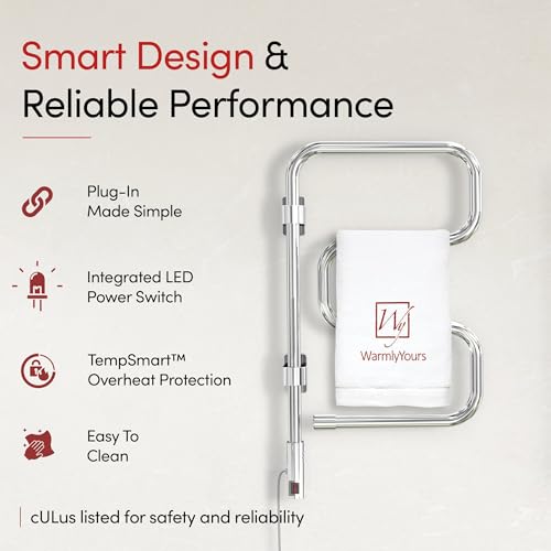WarmlyYours Elements Heated Towel Rack, 4 Bars, Swivel | Wall-mounted swivel electric towel warmer, polished chrome, plug-in drying rack for bathroom, gentle even warmth
