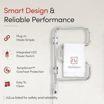 WarmlyYours Elements Heated Towel Rack, 4 Bars, Swivel | Wall-mounted swivel electric towel warmer, polished chrome, plug-in drying rack for bathroom, gentle even warmth