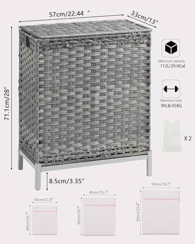 SETVSON Laundry Hamper with Lid, 112 L Handwoven PE Rattan Wicker, Gray | 2-Section Large Basket, 2 Removable Liner Bags, Heightened Metal Feet, 6 Mesh Laundry Bags, Foldable Side Handles - color: Gray, size: 112 L - 29.6 gal