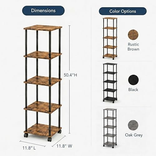 5-Tier 50.4" Tall Rustic Brown Bathroom Shelving Unit with Wheels | Wood Finish, Metal Frame, Rolling Narrow Open Shelf Design, for Laundry Room, Kitchen, Living Spaces, Easy to Move - color: Rustic Brown, size: 5-Tier