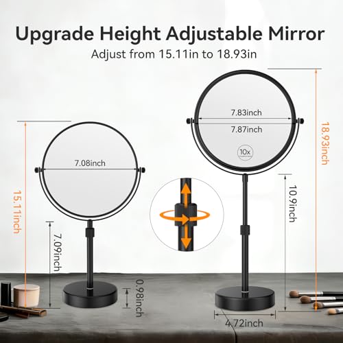 Nicesail 19 Inch Tall Makeup Mirror with 10X Magnification, 8 Inch Magnifying Mirror Tabletop with Pedestal, Height Adjustable Black (8 Inch, 10X) - color: No Light-black-10x