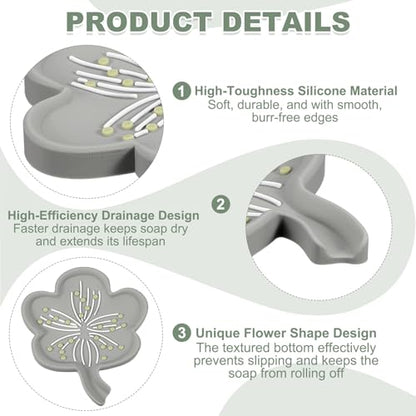 uxcell Silicone Soap Dish with Drain Spout, Portable Self Draining Flower Shape Soap Saver Holder for Bathroom Kitchen Sink, Gray - color: Gray
