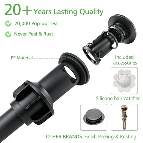 Bathroom Sink Drain with Overflow,Matte Black Bathroom Sink Stopper | for Bathroom Vanity Vessel Sink, Rapid Draining Plastic Pop-up Sink Drain Anti-Clog Strainer,with Silicone Hair Catcher - color: Bathroom Sink Drain-matte Black