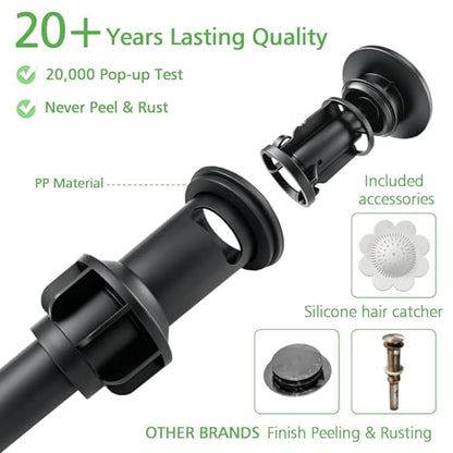 Bathroom Sink Drain with Overflow,Matte Black Bathroom Sink Stopper | for Bathroom Vanity Vessel Sink, Rapid Draining Plastic Pop-up Sink Drain Anti-Clog Strainer,with Silicone Hair Catcher - color: Bathroom Sink Drain-matte Black