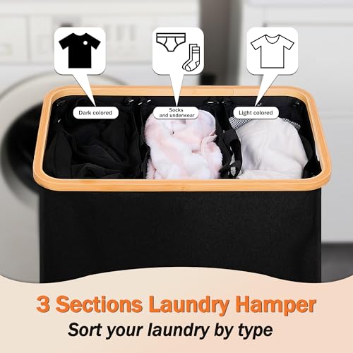 efluky Laundry Hamper with Lid, Trio Laundry Basket with 2 Removable Bags, 3 Section Laundry Bin with Bamboo Handles for Bathroom, Bedroom & Laundry Room, 160L (42.3 Gallon) Black - color: Black, size: 160L Trio