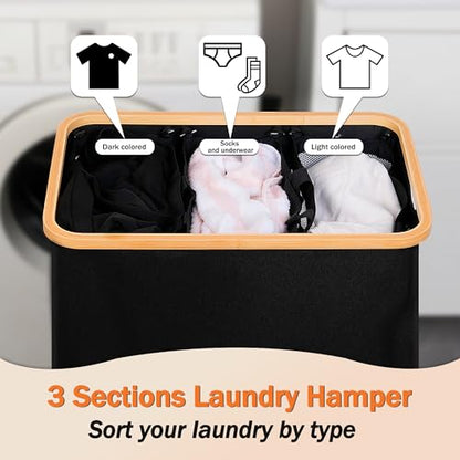 efluky Laundry Hamper with Lid, Trio Laundry Basket with 2 Removable Bags, 3 Section Laundry Bin with Bamboo Handles for Bathroom, Bedroom & Laundry Room, 160L (42.3 Gallon) Black - color: Black, size: 160L Trio