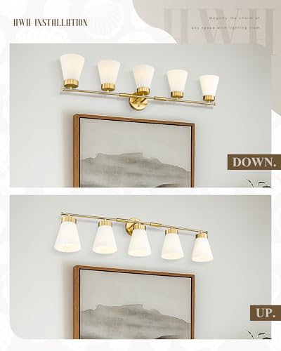 Bathroom Light Fixture, HWH 5-Light Bathroom Vanity Light Brushed Gold Vanity Lighting Over Mirror, Modern Vanity Lights with Frosted White Striped Glass, 5HZG97B-5W BG - color: Brushed Gold, size: 5-Light