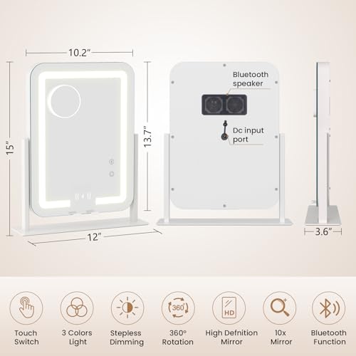 Dripex 5-in-1 Lighted Vanity Mirror with Bluetooth Speaker & Wireless Charging, 15"x12" LED Makeup Mirror with Lights 3 Colors Dimmable, Phone Holder Touch Keys 10X Magnification - color: Wireless Charging White