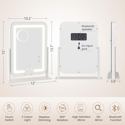 Dripex 5-in-1 Lighted Vanity Mirror with Bluetooth Speaker & Wireless Charging, 15"x12" LED Makeup Mirror with Lights 3 Colors Dimmable, Phone Holder Touch Keys 10X Magnification - color: Wireless Charging White