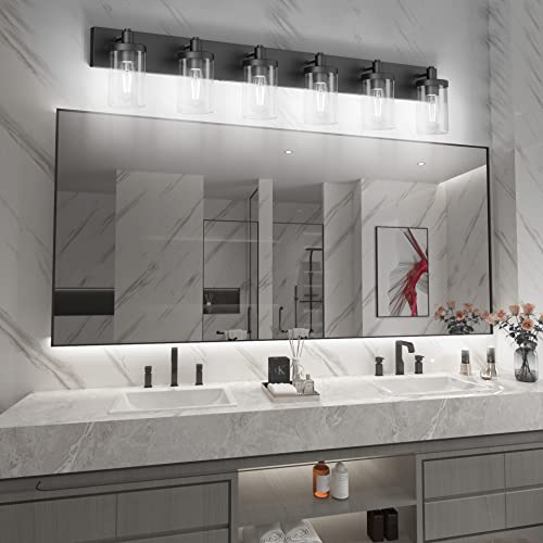 Aipsun 48in Vanity Light Black Bathroom Vanity Lighting Fixtures 6 Light Bathroom Light Fixtures with Clear Glass Shade(Exclude Bulb) - color: Black, size: 6-Light