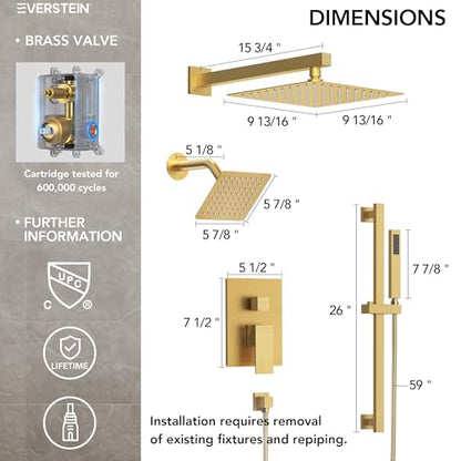 10" High-Pressure Rainfall Shower Faucet with Handheld Spray, Wall Mount Dual Shower Head System with Slide Bar (Brushed Gold) - color: Gold, style: Wall Mount-with Slide Bar