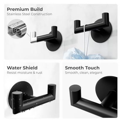 GWAAZXGZ 2 Pack Black Bathroom Hooks for Towels, Robes, Coats, Shower Use | Self-Adhesive, Stainless Steel, Rust Resistant, Double hooks, Easy Install, Space Saving - color: Black