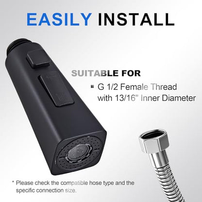 Square Kitchen Faucet Head Replacement Part, G1/2 (13/16" Male Thread) Pull Down Pull Out Sink Sprayer Nozzle, 3-Mode Stream Spray Pause Commercial Utility Tap Spout Only,Matte Black - color: Dual Button Spray Head - Matte Black