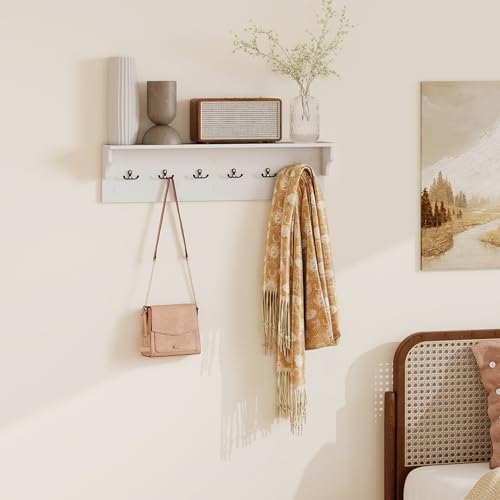 GIANTEX Coat Rack Wall Mount, 31.5" Wooden Coat Hooks with Shelf, White | Wall Clothes Rack w/ 6 Dual Hooks for Hats Towels Purses Robes, Floating Display Shelf for Living Room Bedroom Entryway - color: White