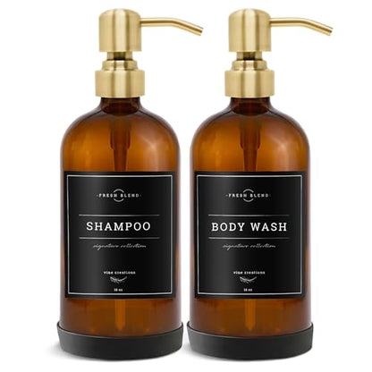 Vine Creations Amber Glass Soap Dispenser, 2 Pack Kitchen Soap Dispenser Set with Stainless Steel Pump, 16 oz Hand Soap and Dish Soap Dispensers for Kitchen or Bathroom with Waterproof Labels - color: Amber Bottle / Brushed Gold Pump