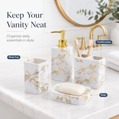 4 Piece Bathroom Accessories Set - White Bathroom Accessory Sets Includes Lotion Dispenser, Toothbrush Holder Tumbler, and Soap Dish - Glossy Finish (Marble, White) - color: White