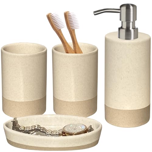 Bathroom Accessories Set 4, Beige Soap Dispenser for Bathroom, Toothbrush Holder,Tumbler Cup and Soap Dish, New Apartment Essentials, Modern Beige Bathroom Décor (Rustic) - style: Rustic
