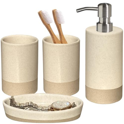 Bathroom Accessories Set 4, Beige Soap Dispenser for Bathroom, Toothbrush Holder,Tumbler Cup and Soap Dish, New Apartment Essentials, Modern Beige Bathroom Décor (Rustic) - style: Rustic