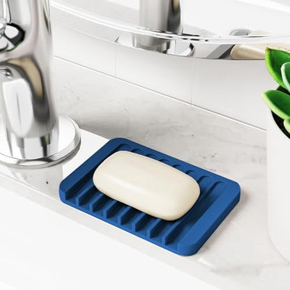 4-Pack Self Draining Soap Dish for Shower Bathroom Waterfall Silicone Soap Saver Tray Sponge Holder for Kitchen Sink Non-Slip Easy Clean Blue - color: Blue