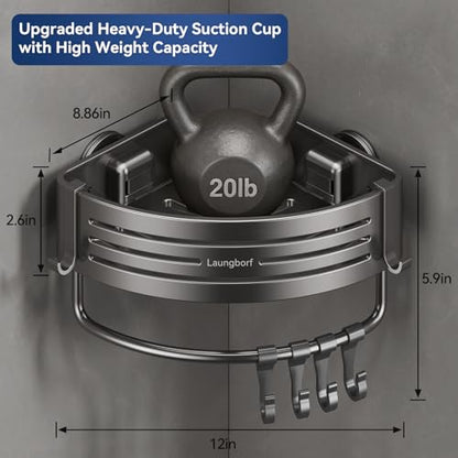 Corner Shower Caddy Suction Cup, Gray (2 Pack) | Rustproof aluminum shelf with towel bar & hooks. No-drill removable wall storage. Strong suction