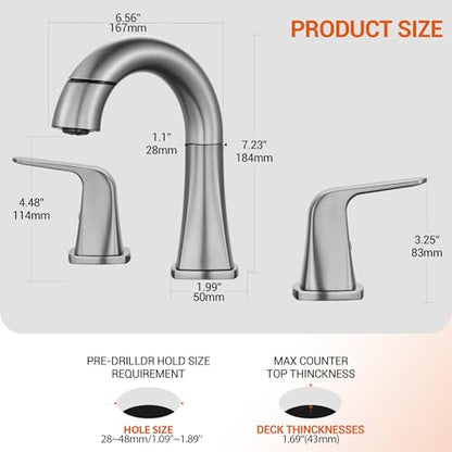 Brushed Nickel Bathroom Faucet with Sprayer - Rotatable Bathroom Faucets for Sink 3 Holes, 8In Widespread Bathroom Pull Down Faucet, 2-Handle Vanity Faucet with Pull Out Sprayer 360 Swivel - color: Brushed Nickel