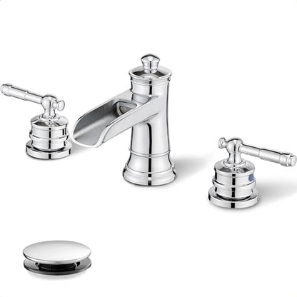 Chrome Widespread Waterfall Bathroom Faucet, Brass 3 Hole Bathroom Sink Faucet 4-16 Inch, 2 Handles with Supply Hose & Overflow Pop-Up Drain for Modern - color: Chrome - Fashion