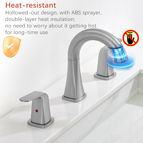 Brushed Nickel Bathroom Faucet with Sprayer - Rotatable Bathroom Faucets for Sink 3 Holes, 8In Widespread Bathroom Pull Down Faucet, 2-Handle Vanity Faucet with Pull Out Sprayer 360 Swivel - color: Brushed Nickel