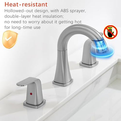 Brushed Nickel Bathroom Faucet with Sprayer - Rotatable Bathroom Faucets for Sink 3 Holes, 8In Widespread Bathroom Pull Down Faucet, 2-Handle Vanity Faucet with Pull Out Sprayer 360 Swivel - color: Brushed Nickel