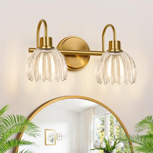 Bathroom Vanity Light (2-Light, 15 in), Brushed Gold Vanity Lights for Bathroom with Ribbed Clear Tulip Glass Shade, Vintage Vanity Wall Lights for Mirror Bedroom Living Room Hallway - color: Brushed Gold - Tulip Clear, size: 2-light