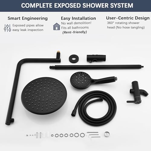 SonTiy 5-Function Retrofit Shower System Matte Black 9 Inch Rain Shower Head with Handheld Spray, Outdoor Stainless Steel Shower Rail Kit for Shower Remodel 2.5Gpm