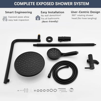 SonTiy 5-Function Retrofit Shower System Matte Black 9 Inch Rain Shower Head with Handheld Spray, Outdoor Stainless Steel Shower Rail Kit for Shower Remodel 2.5Gpm