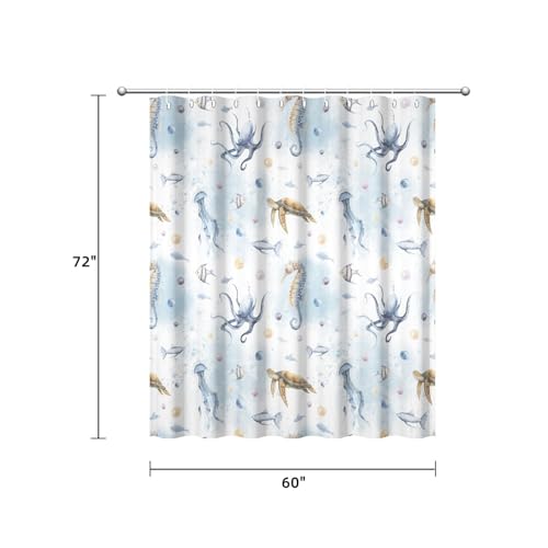 Yeele Ocean Creatures Watercolor Shower Curtain, Turtle Octopus Blue Print Shower Curtain, Waterproof Machine Washable Fabric Bath Curtain 60x72 Inch with Grommets and Hooks - color: Blue 1, size: 60"Wx72"L