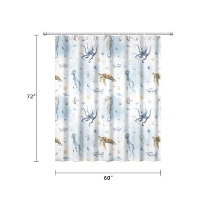 Yeele Ocean Creatures Watercolor Shower Curtain, Turtle Octopus Blue Print Shower Curtain, Waterproof Machine Washable Fabric Bath Curtain 60x72 Inch with Grommets and Hooks - color: Blue 1, size: 60"Wx72"L
