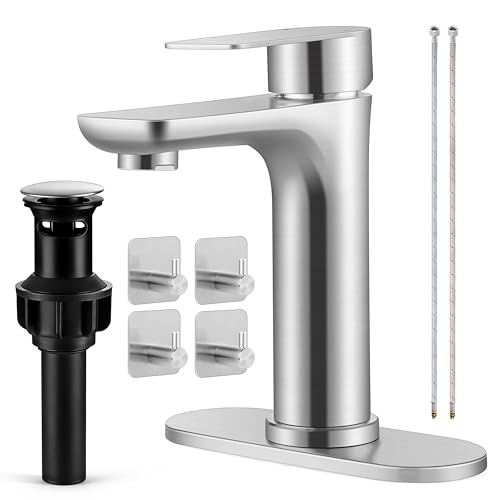 Herogo Bathroom Sink Faucet 1 or 3 Holes, Brushed Nickel Bathroom Faucet with Pop-up Drain, Hooks & Water Supply Hoses, Stainless Steel, Single Handle, for Vanity RV Farmhouse - color: Brushed Nickel