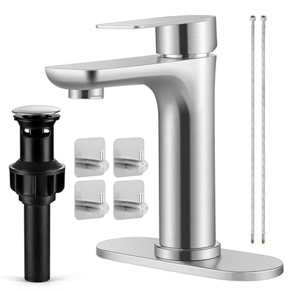 Herogo Bathroom Sink Faucet 1 or 3 Holes, Brushed Nickel Bathroom Faucet with Pop-up Drain, Hooks & Water Supply Hoses, Stainless Steel, Single Handle, for Vanity RV Farmhouse - color: Brushed Nickel