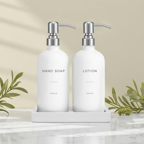 Prus Waso White Soap Dispenser Bathroom Set, Silver & White | Hand and Lotion Dispenser with Pump, Perfect for Bathroom Essentials for New Home - color: Hl Silver Pump & White Bottle