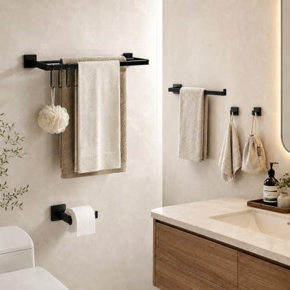 9 Piece Matte Black Bathroom Hardware Set, 24 Inch Double Towel Bar with Removable Hooks, SUS304 Stainless Steel Wall Mounted Heavy Duty Rustproof Accessories for Bathroom Kitchen - color: B-24 Matte Black