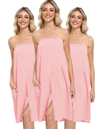 Lightweight Waffle Bath Towel Wraps for Women after Shower | Soft, Knee Length, Adjustable Closure, Thin Robe Body Bathrobes with Pocket for Spa, Gym, Sauna, Beach & Pool - color: 3 Pack Pink Shower Wrap Towel for Women