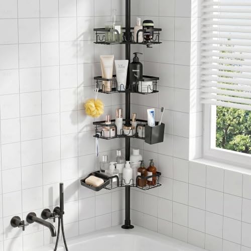 4-Tier Corner Shower Caddy Tension Pole, Floor to Ceiling Shower Corner Shelf Organizer with Soap Hold No-Drill 23.6-114.5 Inch - color: Tension Pole Black