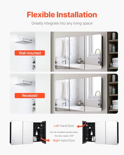 VEVOR Medicine Cabinet, 25.5 x 40 inch, Medicine Cabinet for Bathroom with Mirror, Aluminum Frame Bathroom Wall Cabinet, 4-Layer Adjustable Shelves, Recessed & Wall-Mounted Installation - size: 25.5x40in