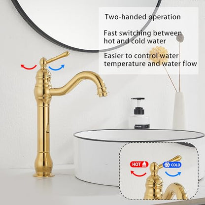 Single Handle Bathroom Vessel Sink Faucet, Polished Gold | 360° Swivel, Single-Handle One Hole, Matching Pop Up Drain, Farmhouse Style - color: Polished Gold, size: Vessel