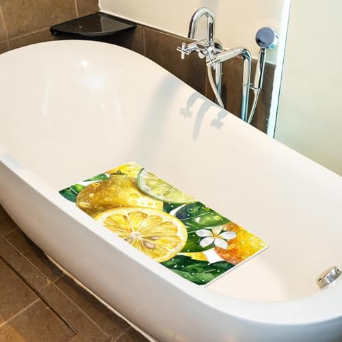 Bath Tub Mat Non Slip 15.1 x 26.8 Inch, Watercolor Seamless Fruit Lemon Eco Friendly Bathmat with Suction Cups Drain Holes Shower Tub Mats - color: Multi 02