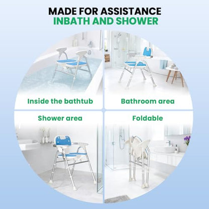 Heavy Duty Foldable Shower Chair for Elderly and Disabled, 500 LB Capacity | Adjustable Bath Seat for Inside Shower with Arms and Back, Extra Wide Shower Stool with Suction Feet